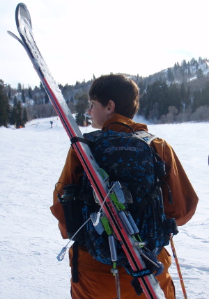 Pack with skis in the ski loops